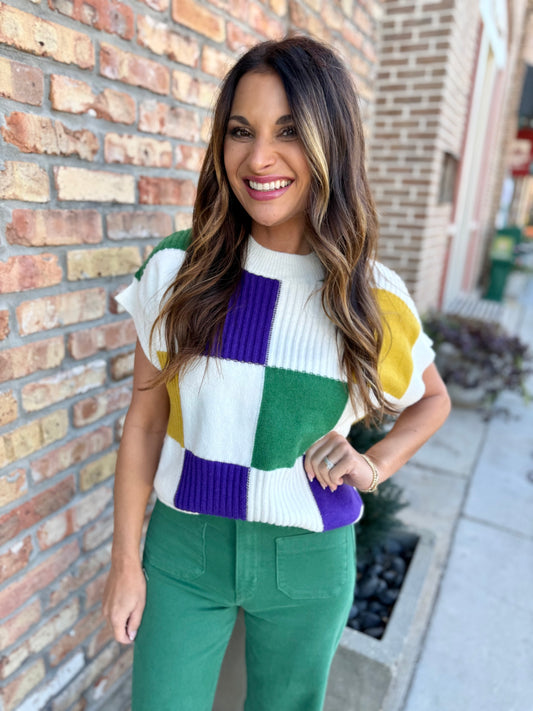 Cleopatra Checkered Sweater Top- Ivory