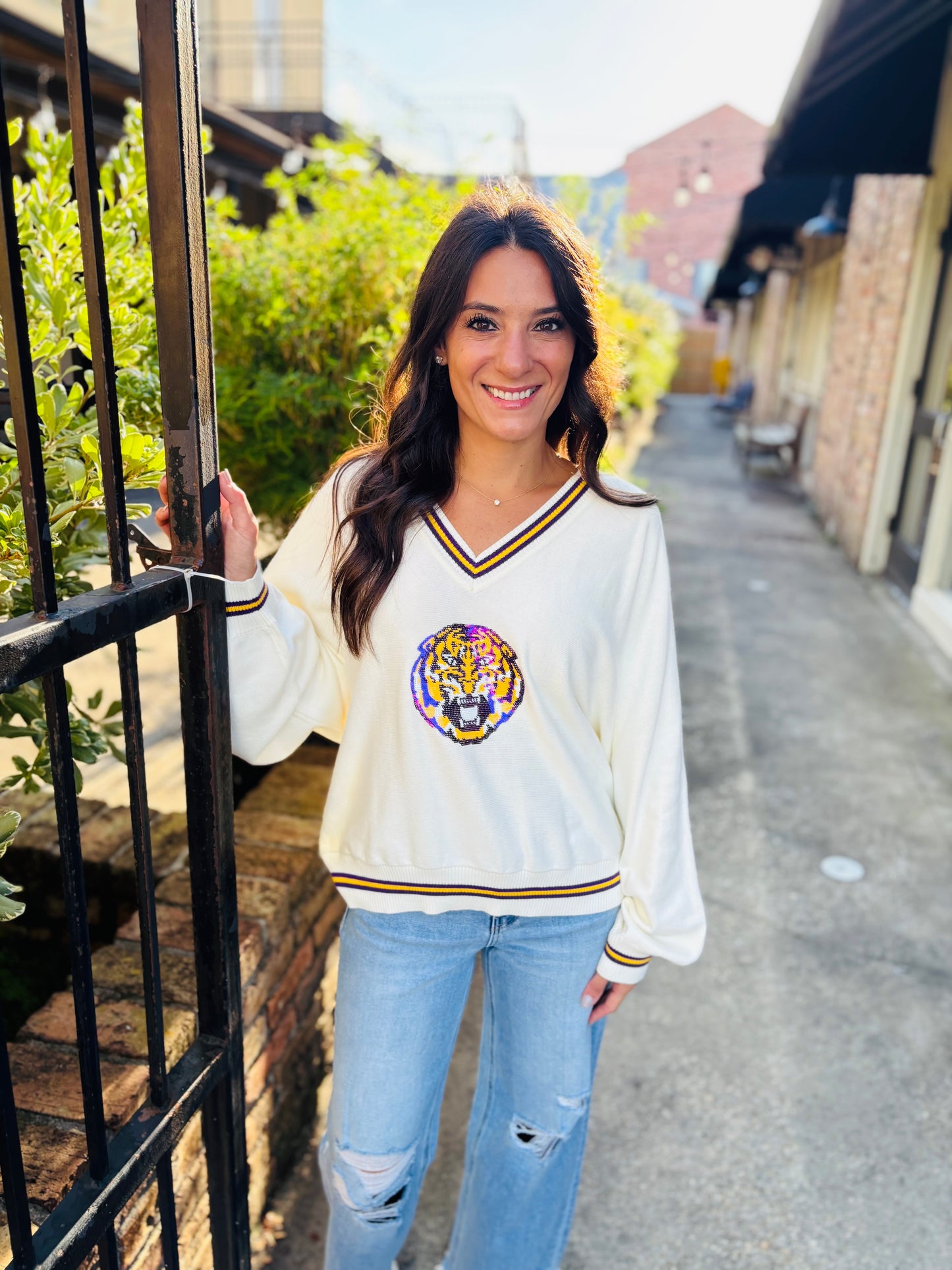 LSU V Neck Mascot Sweater- White
