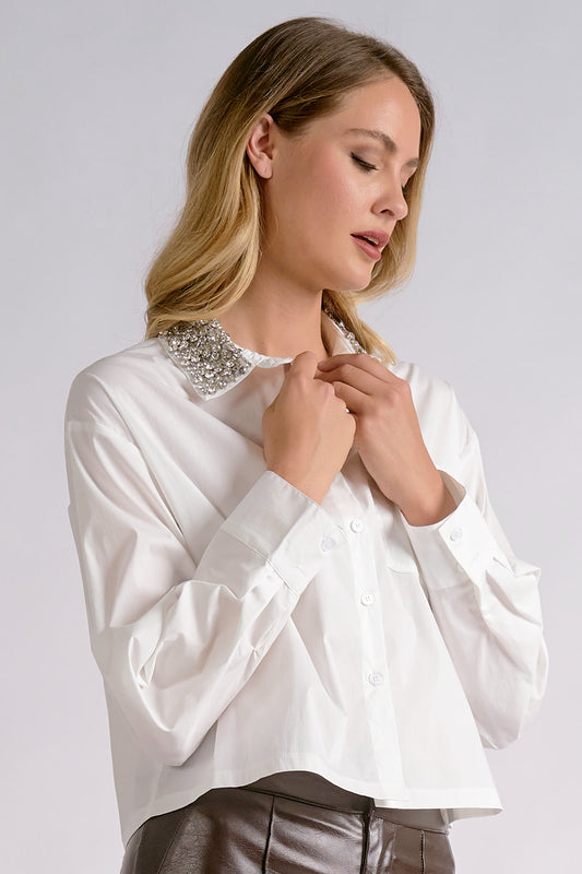 Embellished Stone Collar Poplin- White