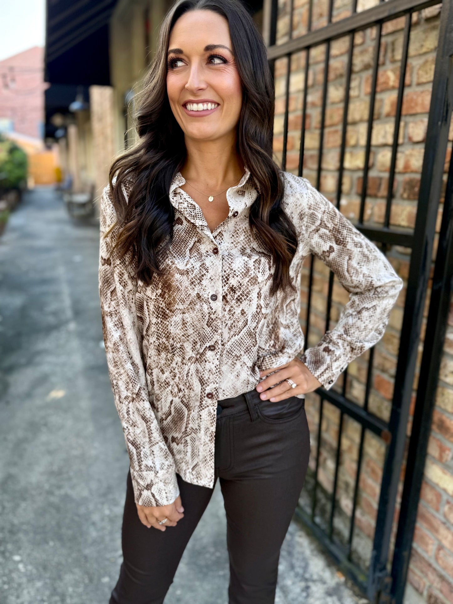 Python Button Down Top- Brown