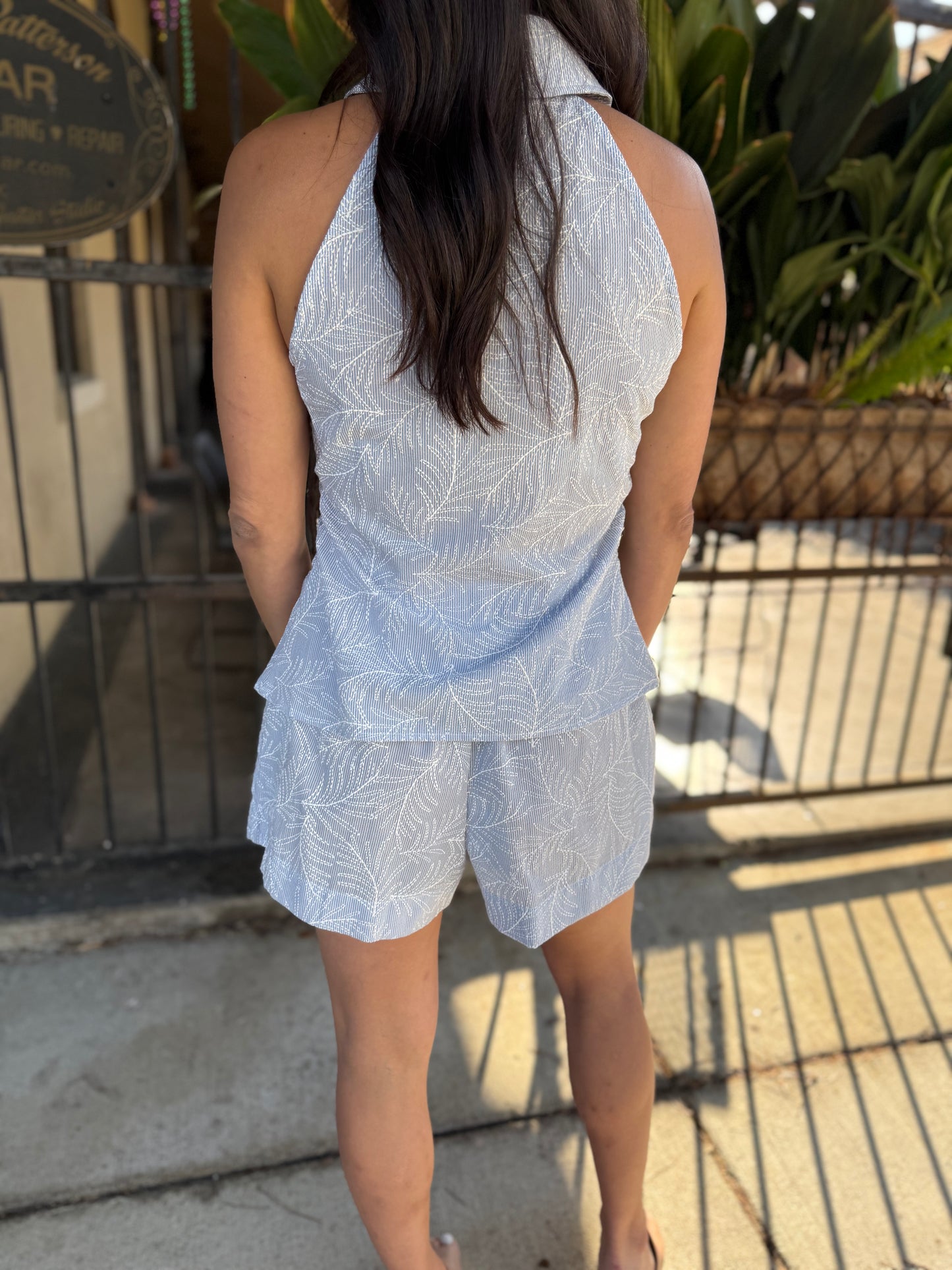 Ruston Collared Sleeveless Top- Blue & White
