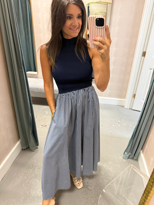 Hunter Maxi Mock Neck- Navy/White Stripe