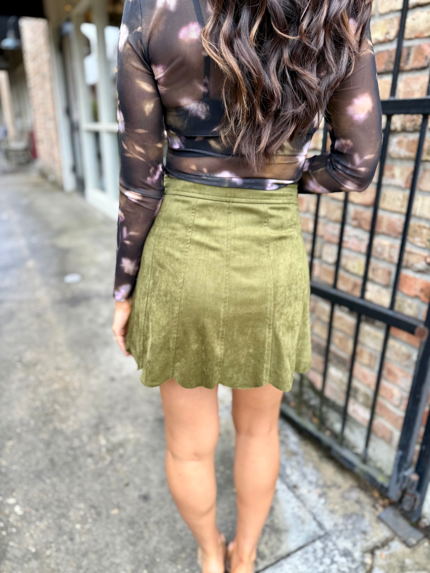 Scalloped Suede Mini Skirt- Olive