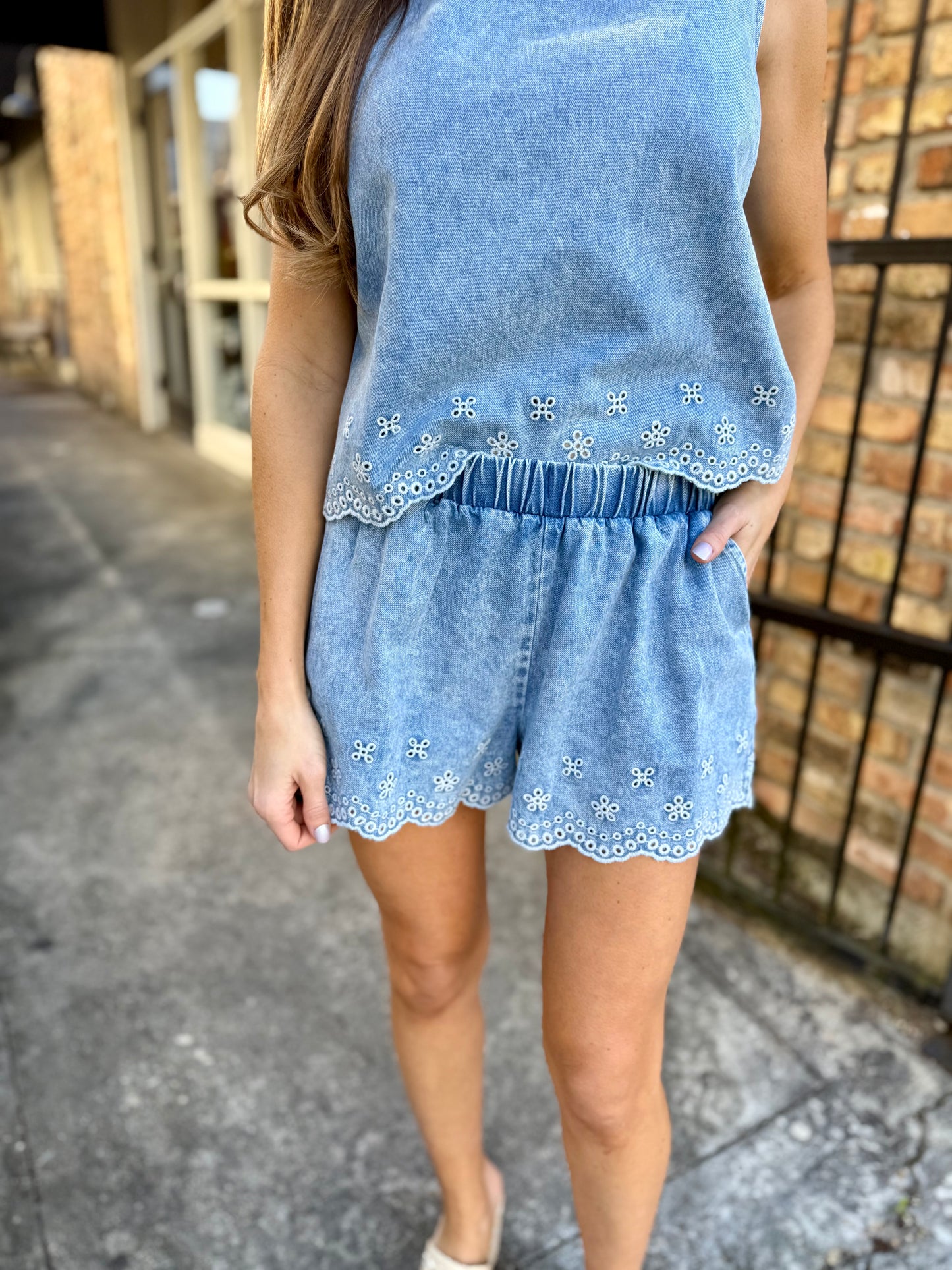 Embroidered Scalloped Denim Top
