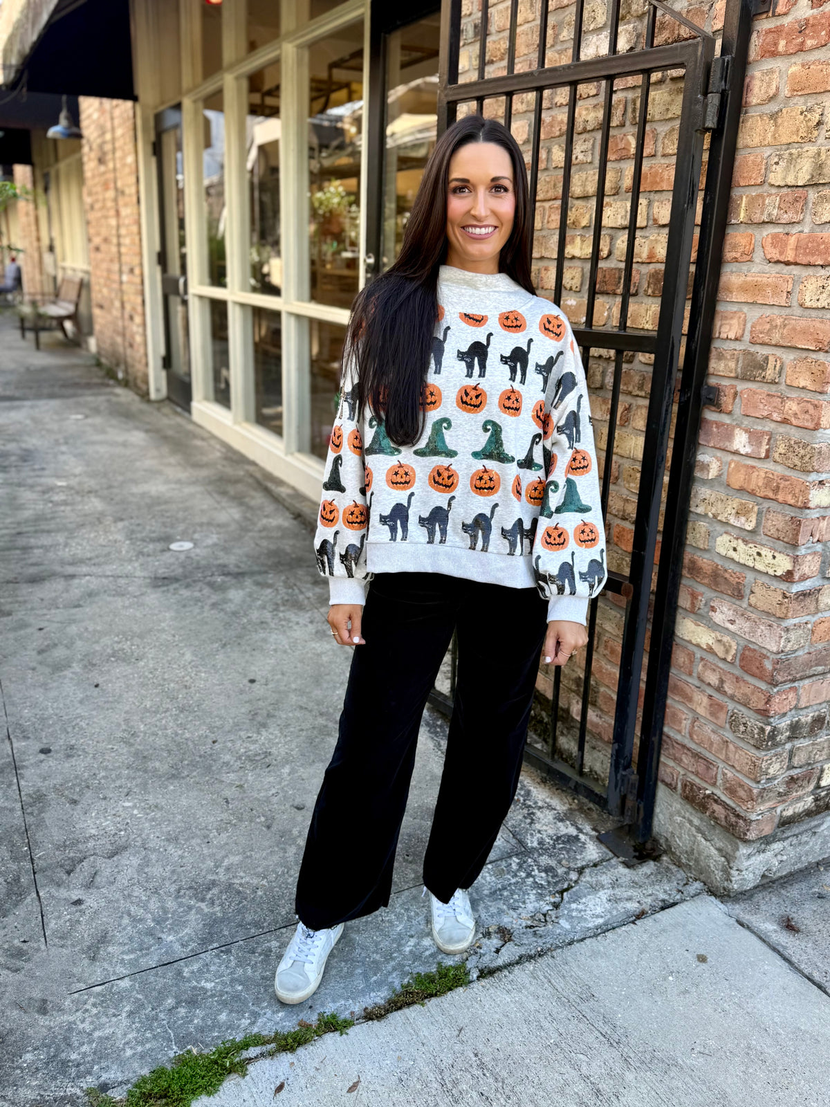 Witch Hat, Pumpkin & Cat Mockneck Sweatshirt