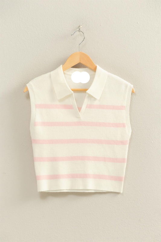 Collared Striped Polo Vest- Pink/Ivory