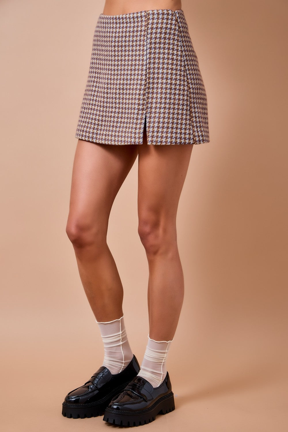 Houndstooth Plaid Mini Skort- Brown/Blue
