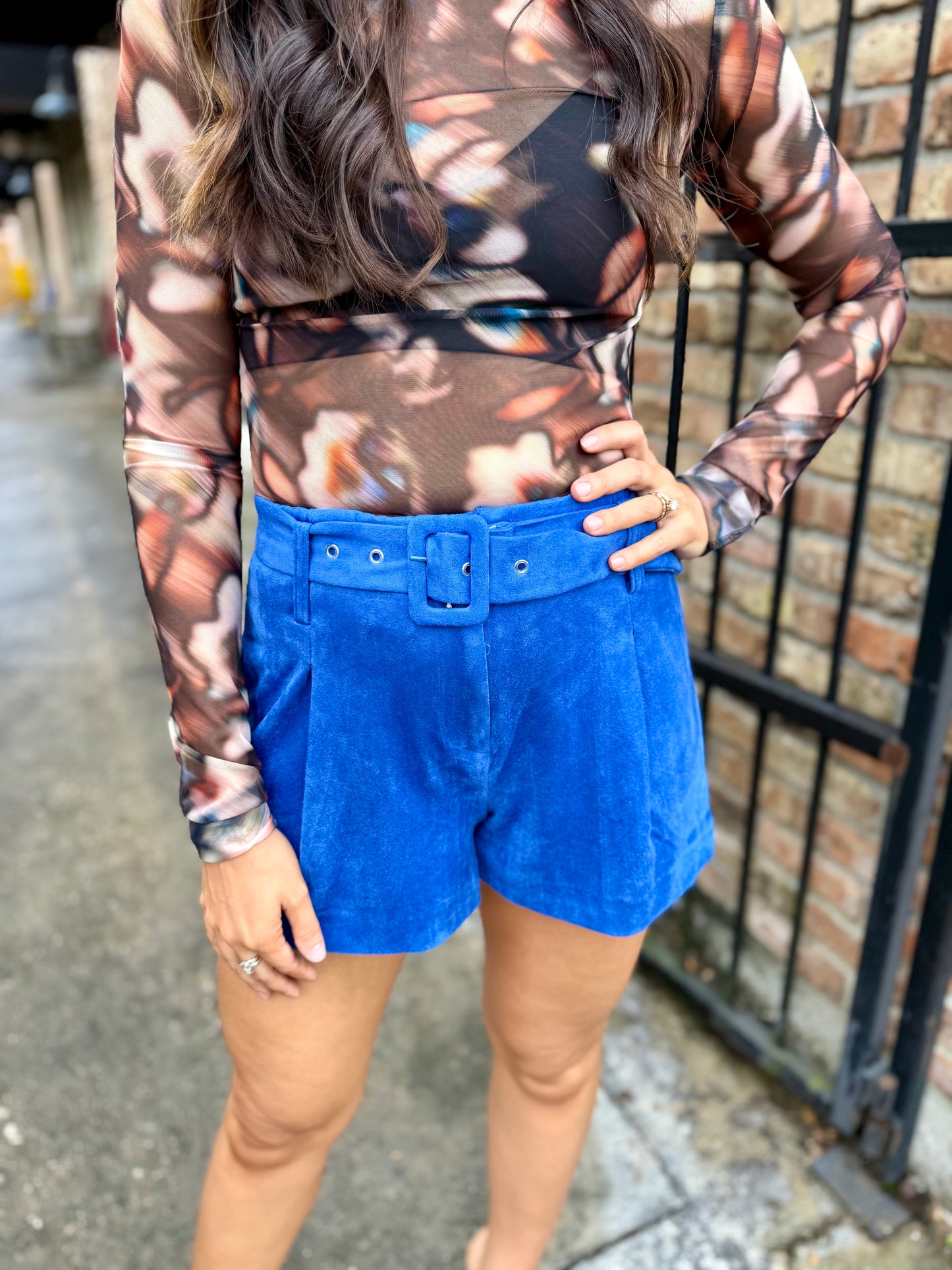 Suede Pleated Wide Leg Shorts- Cobalt