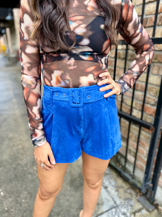 Suede Pleated Wide Leg Shorts- Cobalt