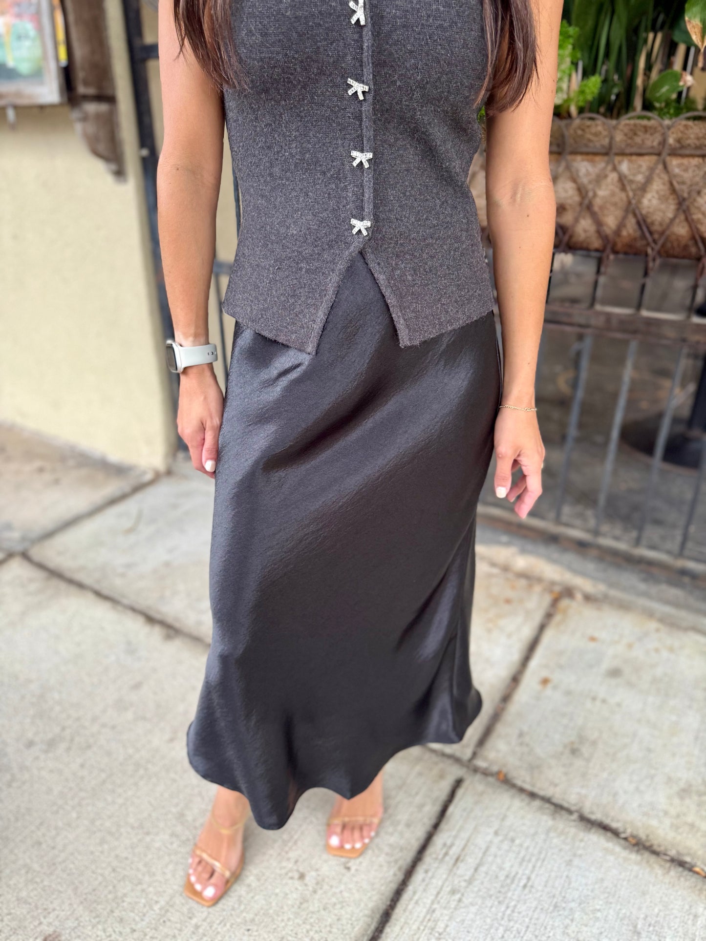 Rhinestone Bow Button Vest- Charcoal