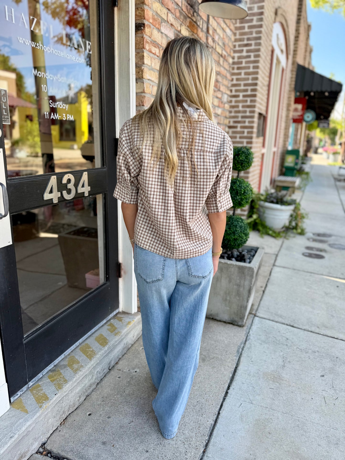 Johnny Gingham Top- Mocha Natural