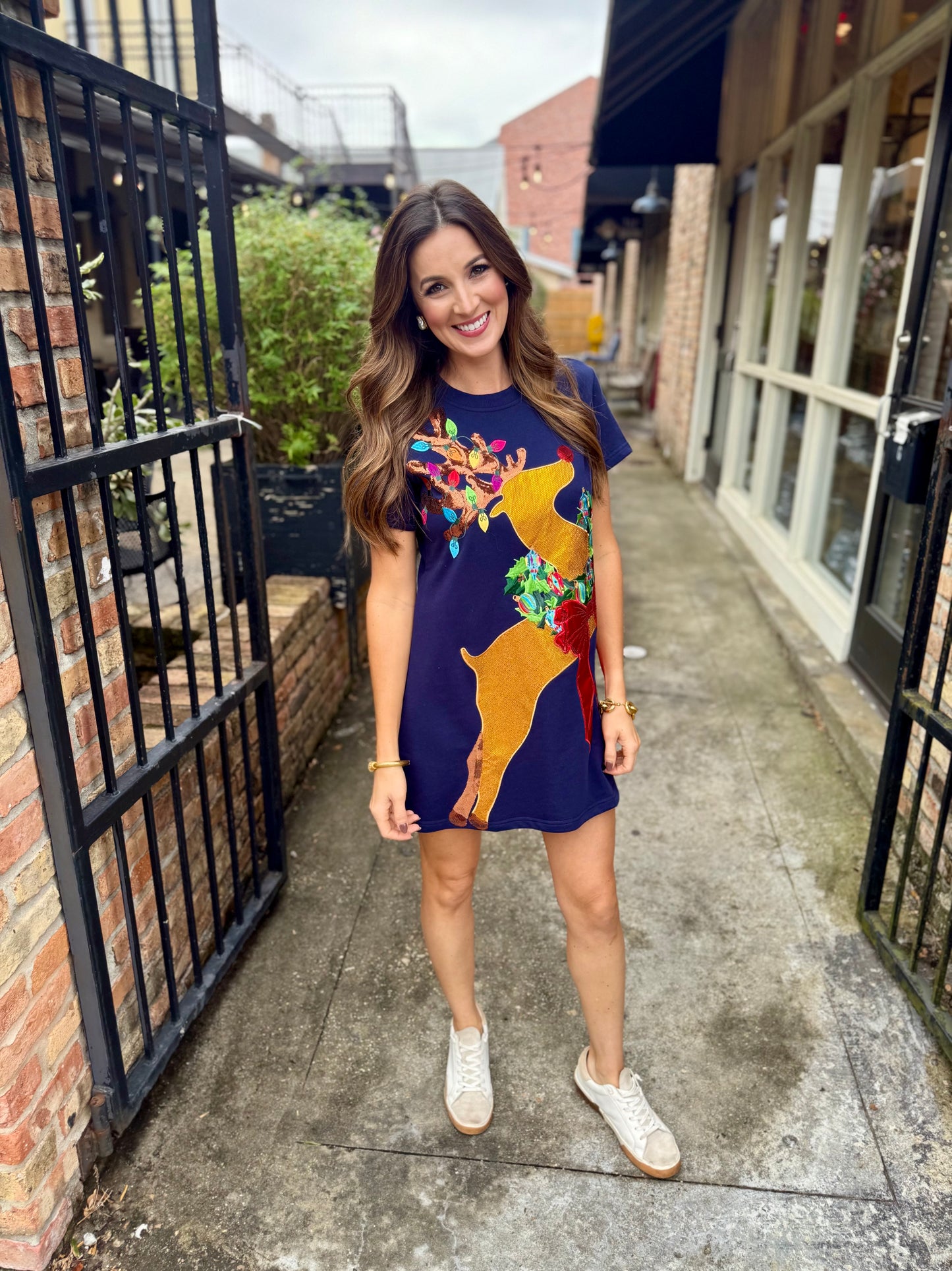 Rudolph Wreath Dress- Navy