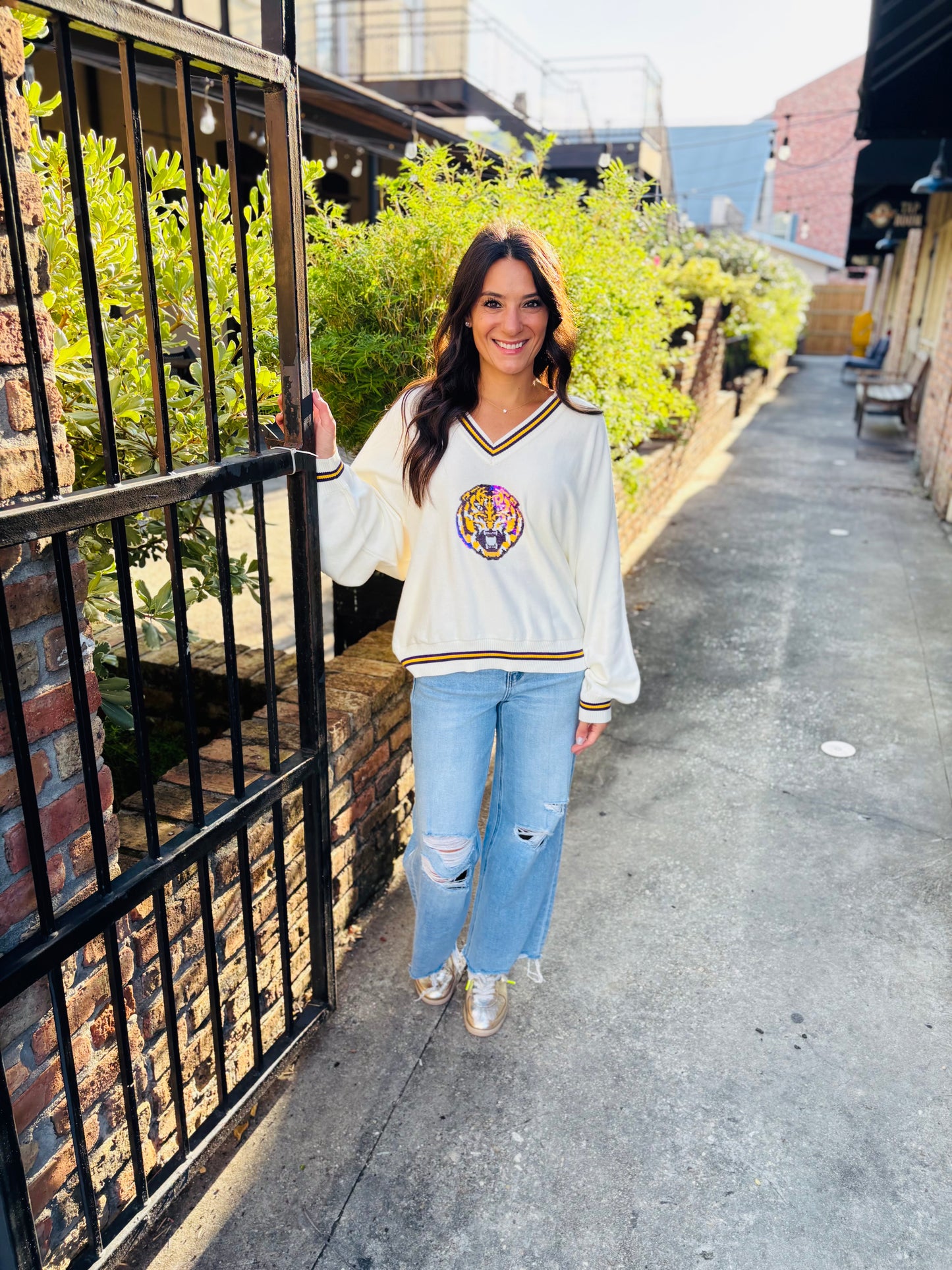 LSU V Neck Mascot Sweater- White