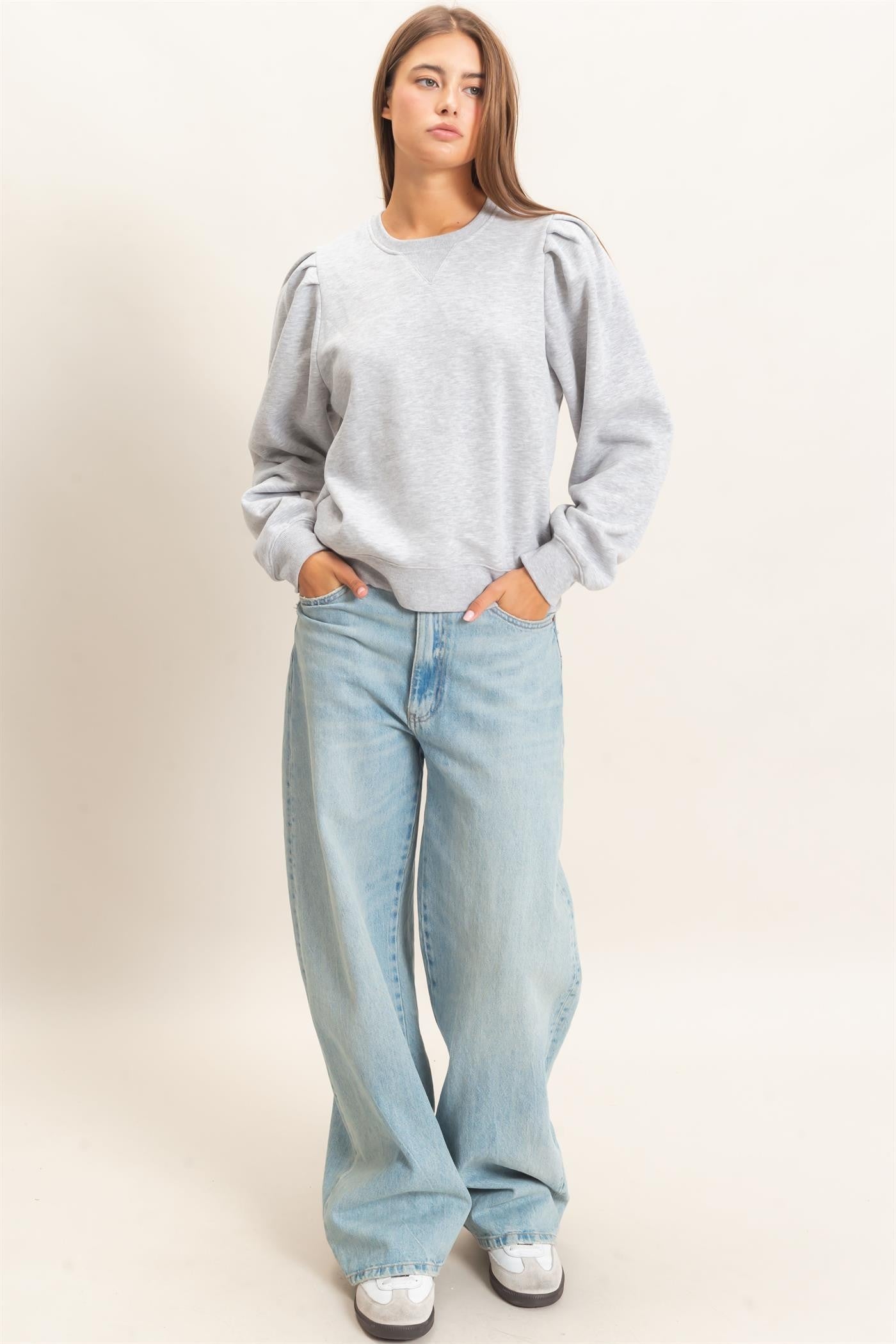 Presley Puff Sleeve Sweatshirt- Heather Gray