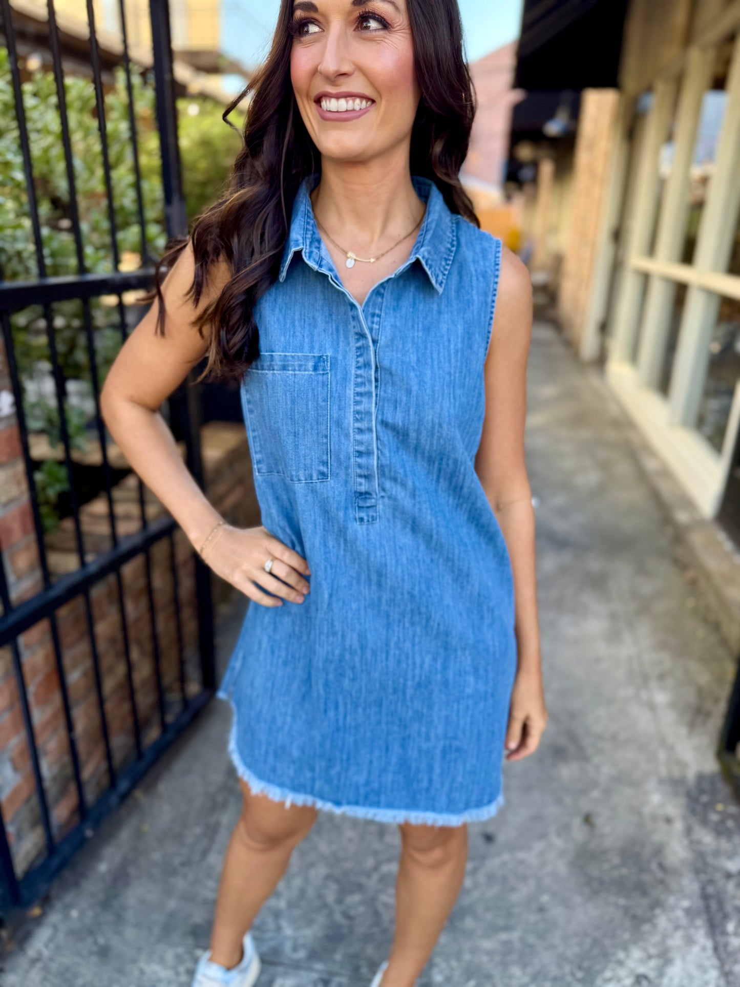 Single Pocket Moon Mini Dress- Washed Denim