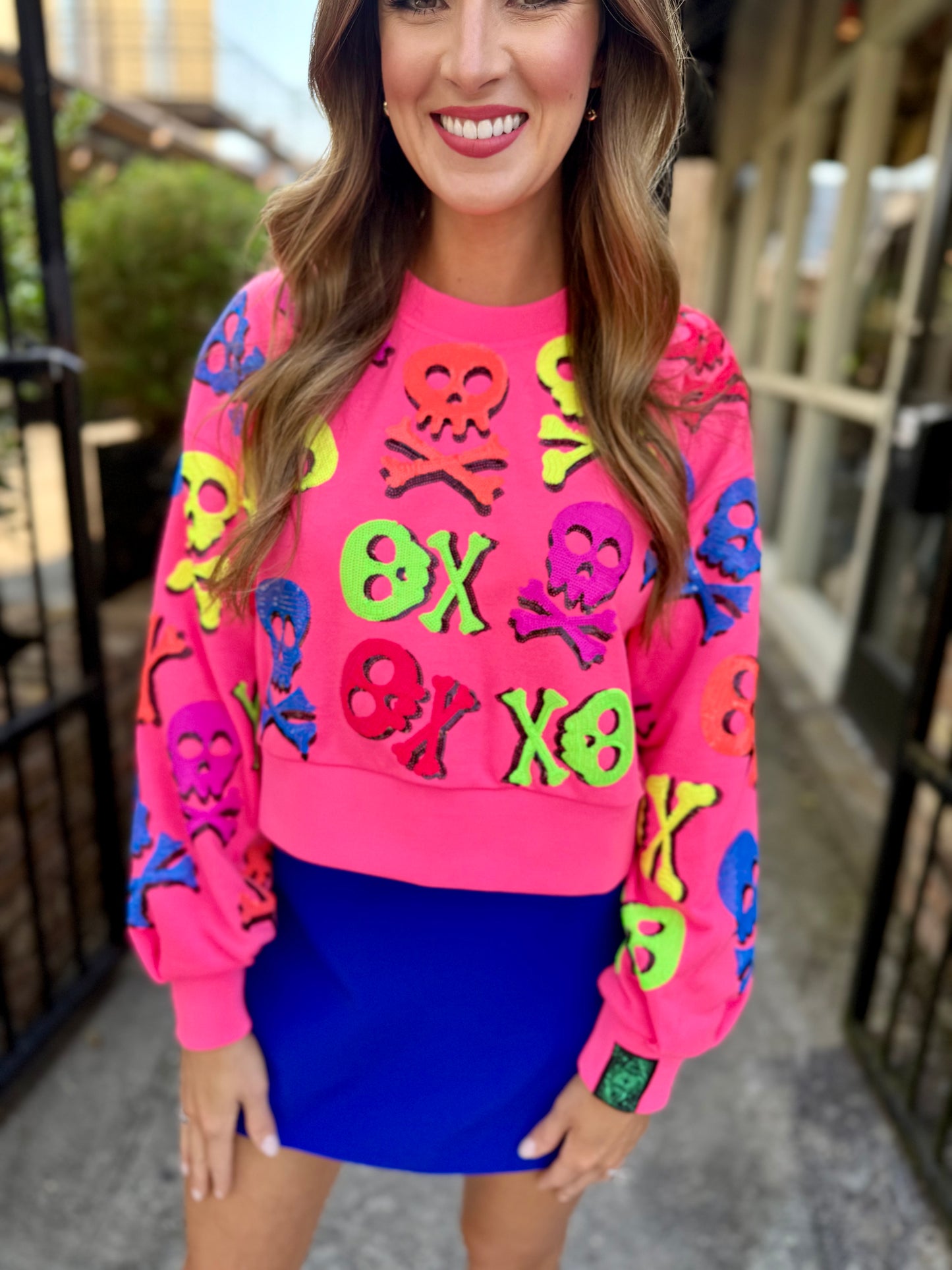 Queen Neon Skull Sweatshirt- Pink Multi