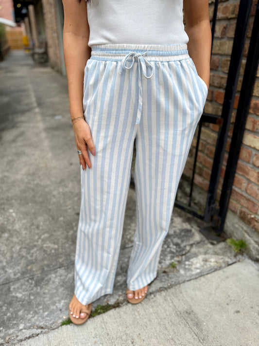 Vertical Striped Drawstring Pants- Blue