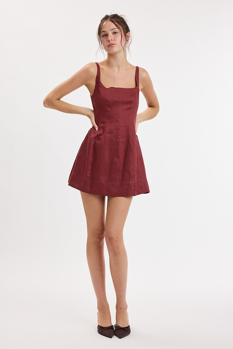Louis Linen Square Neck Mini Dress- Brandy Brown