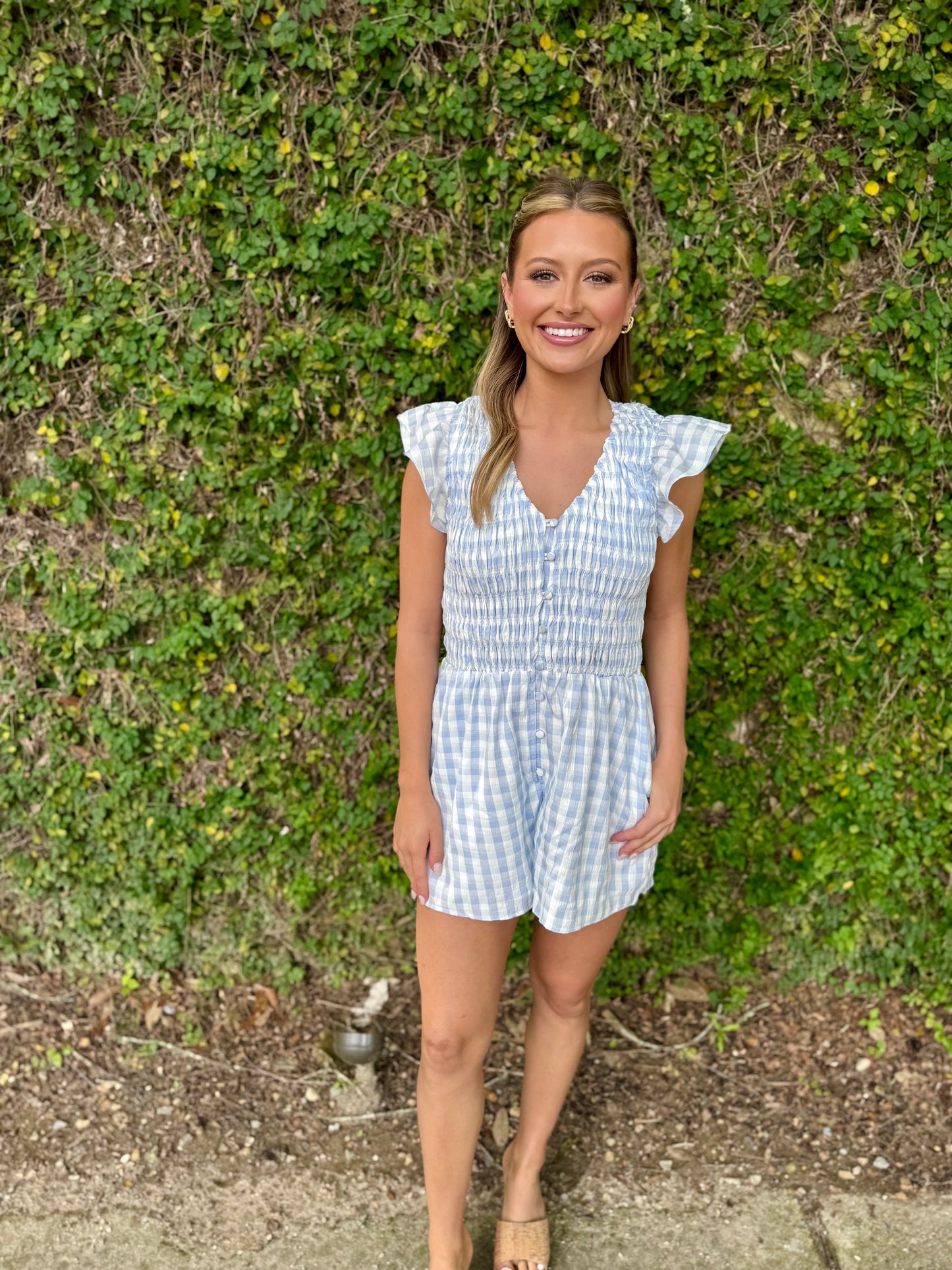 Starlet Gingham Romper- Sky Blue