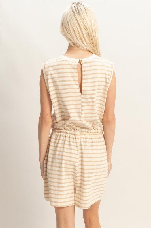 Luann Striped Drawstring Romper- Taupe