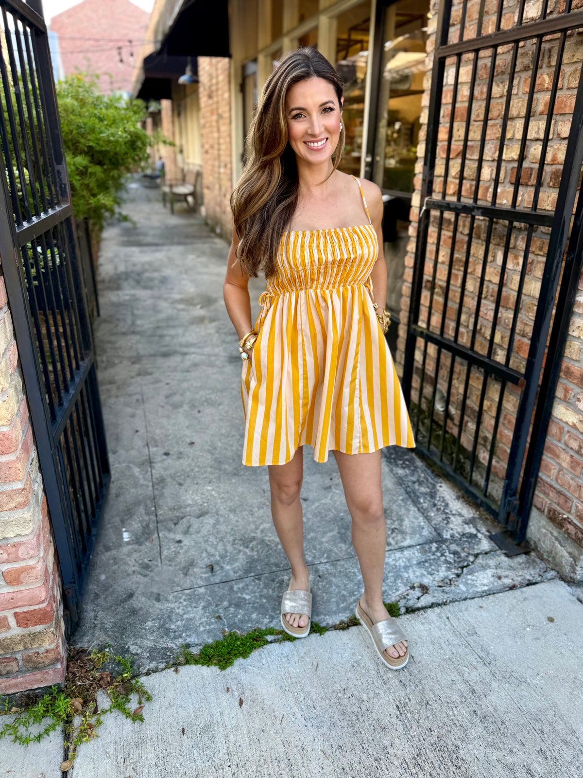 Huddle Striped Smocked Mini Dress- Butter Yellow