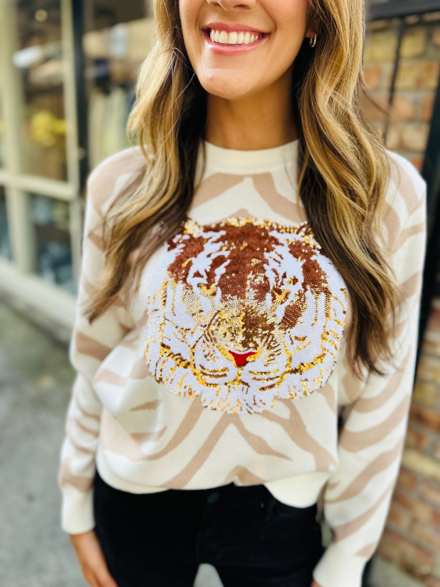 Tiger Print Tiger Head Sweater- White & Tan