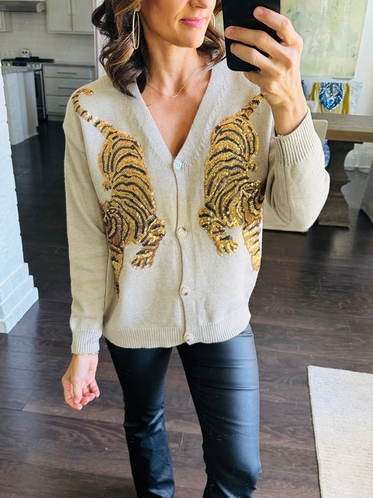 Sequin Tiger Cardigan- Oatmeal