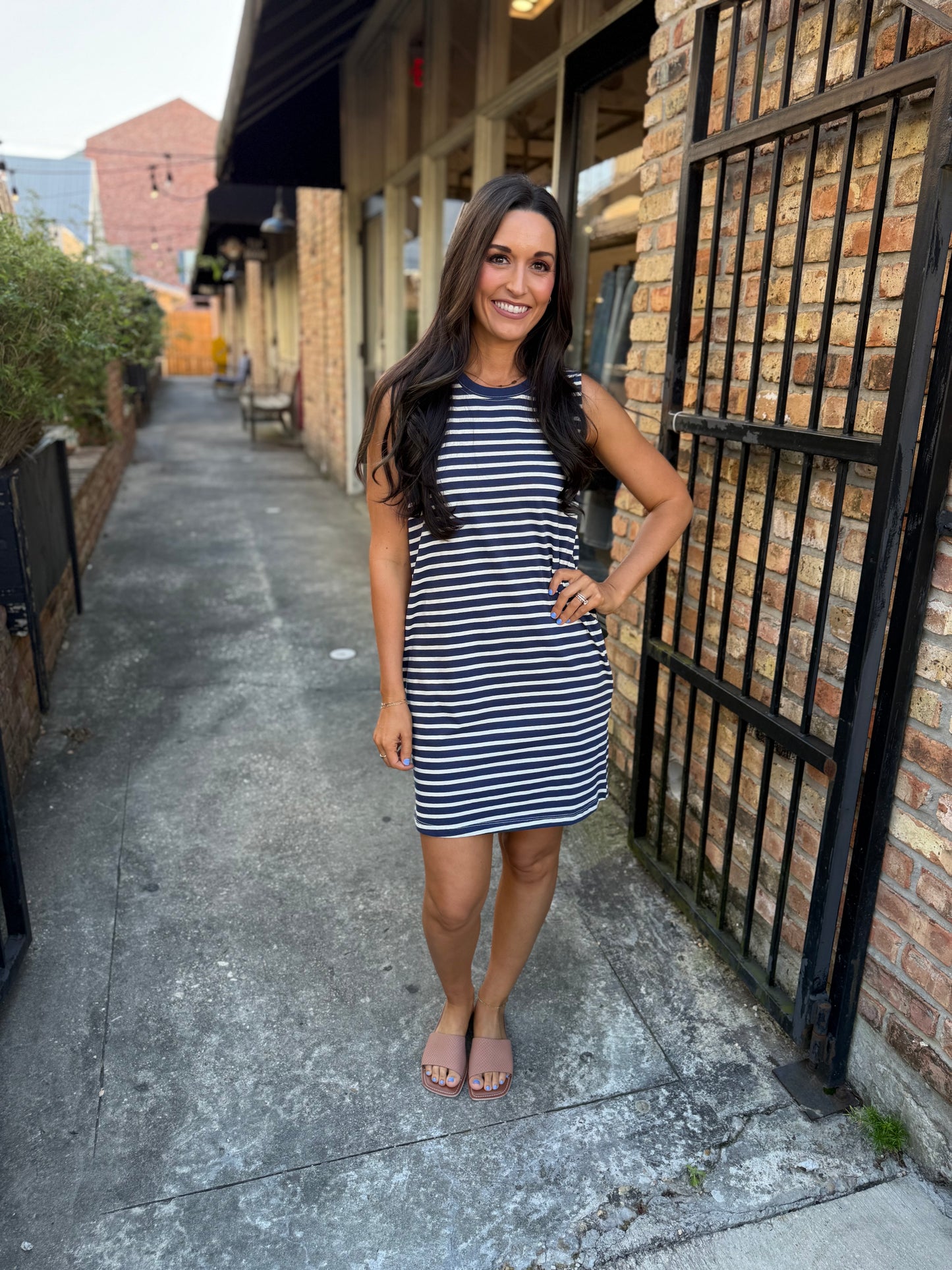 Piper Stripe Sleeveless Pocket Dress- Navy