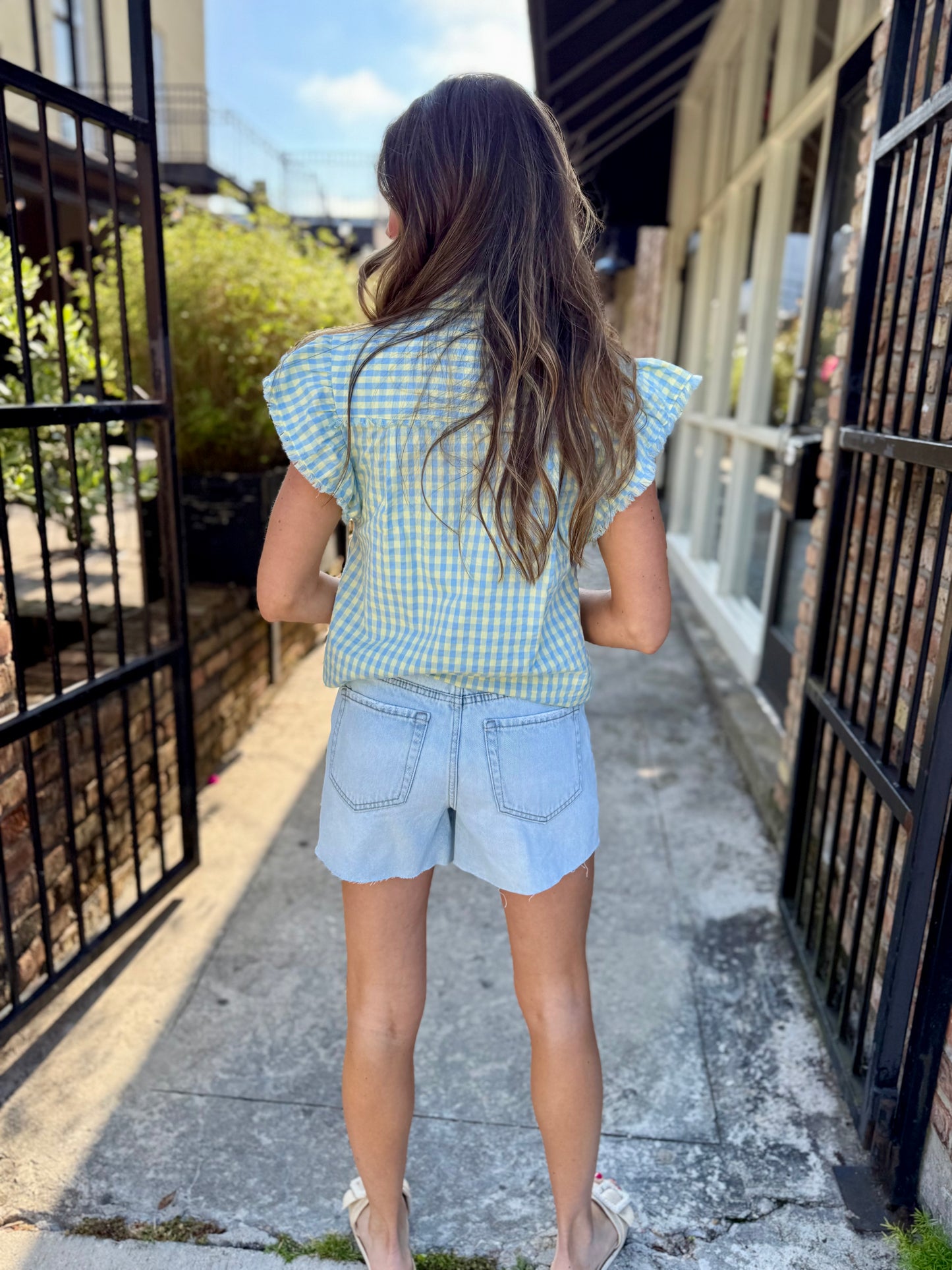 Burb Gingham Flutter Sleeve Top- Blue/Yellow