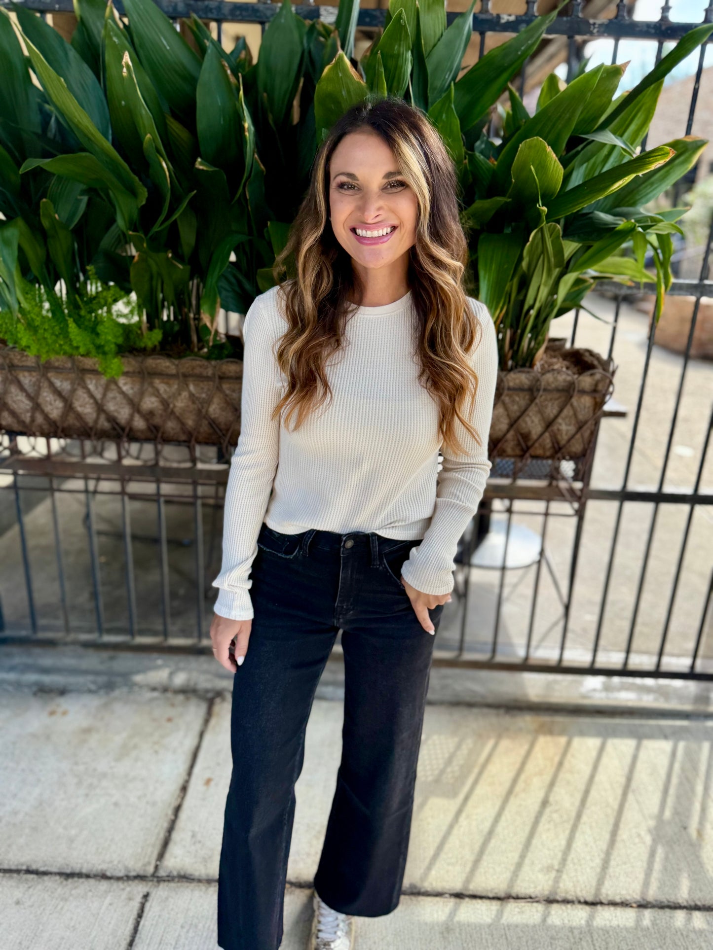 Mineral Waffle Knit Long Sleeve Top- Alpaca/Ivory