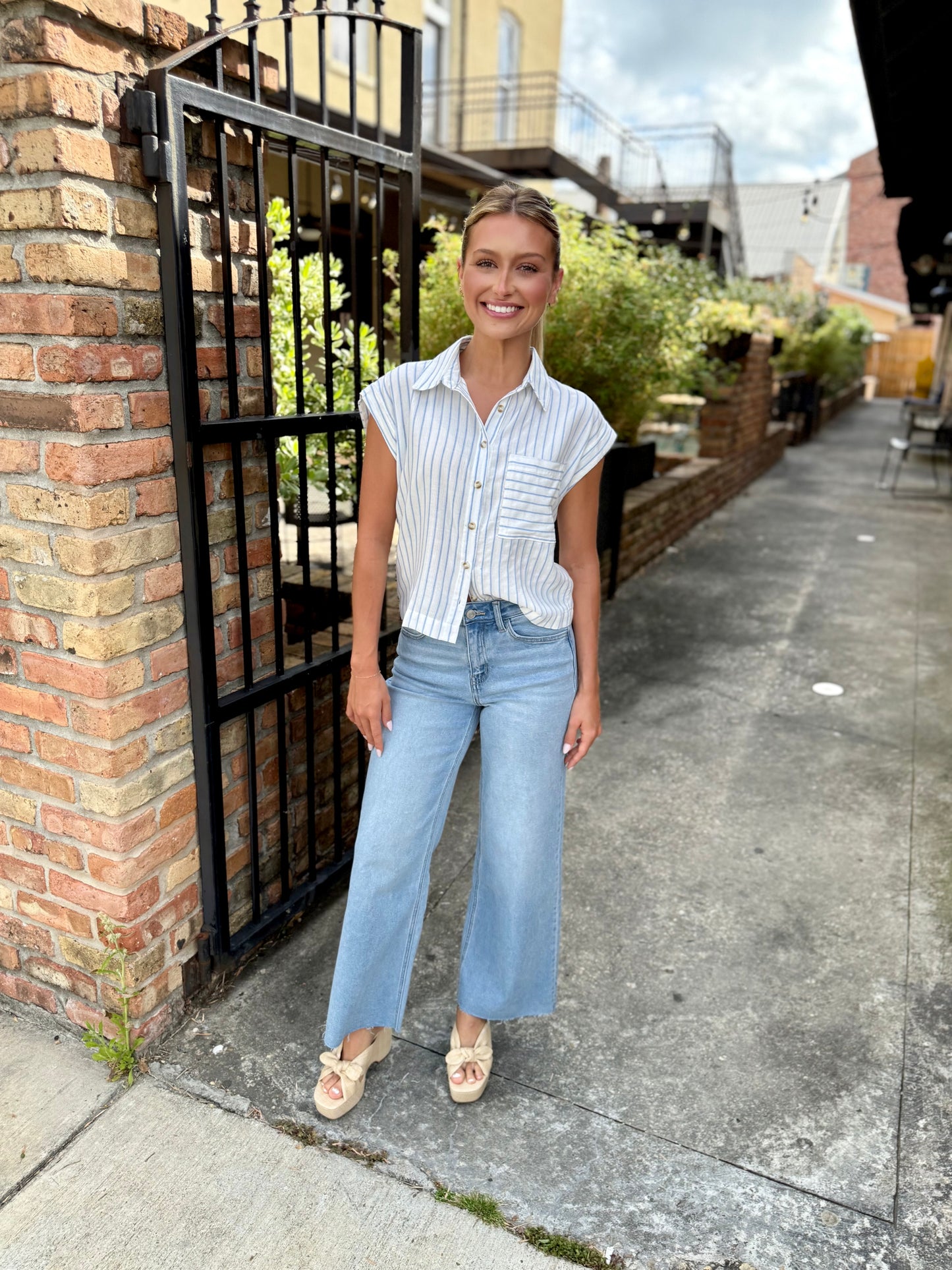 Barry Striped Button Up Top- Blue