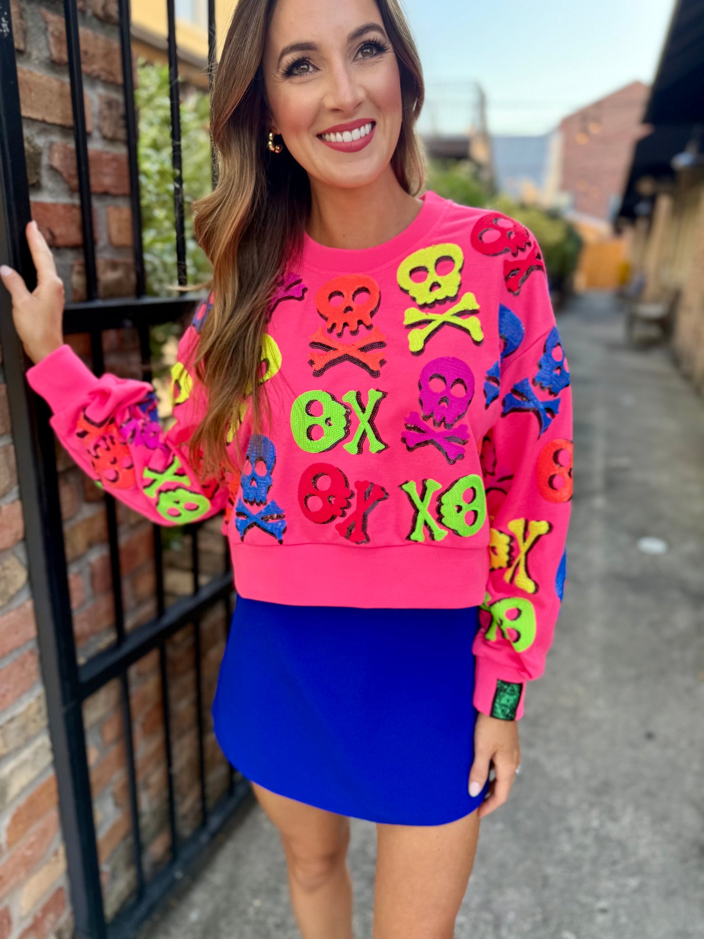 Queen Neon Skull Sweatshirt- Pink Multi