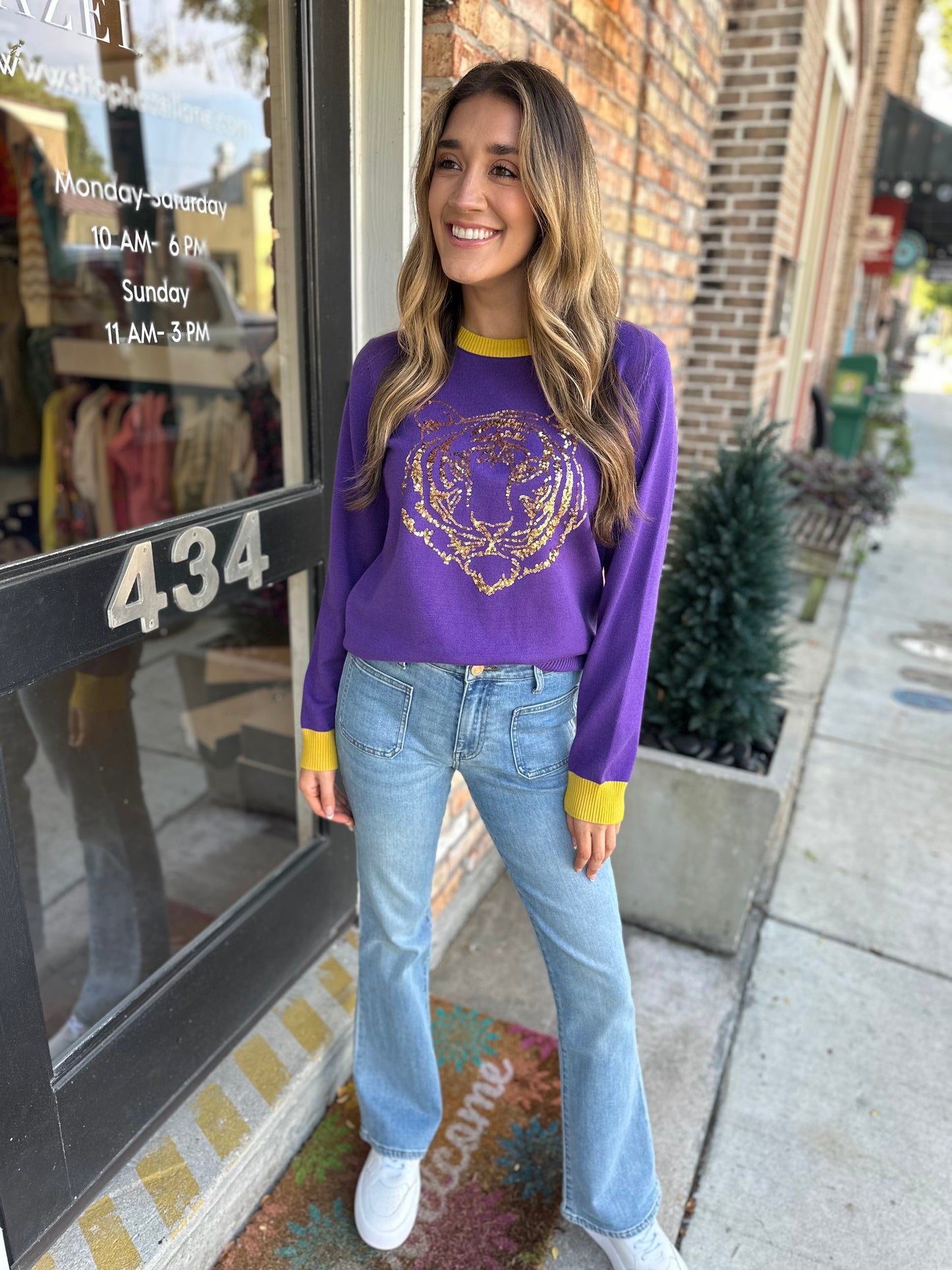 Tiger Head Long Sleeve Sweater- Purple