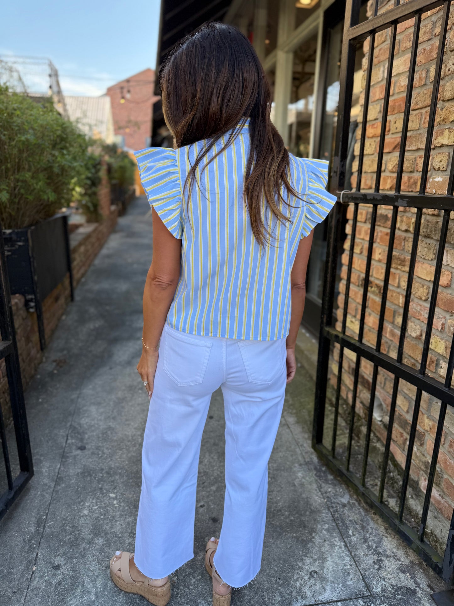 Fagan Flutter Sleeve Top- Blue/Yellow