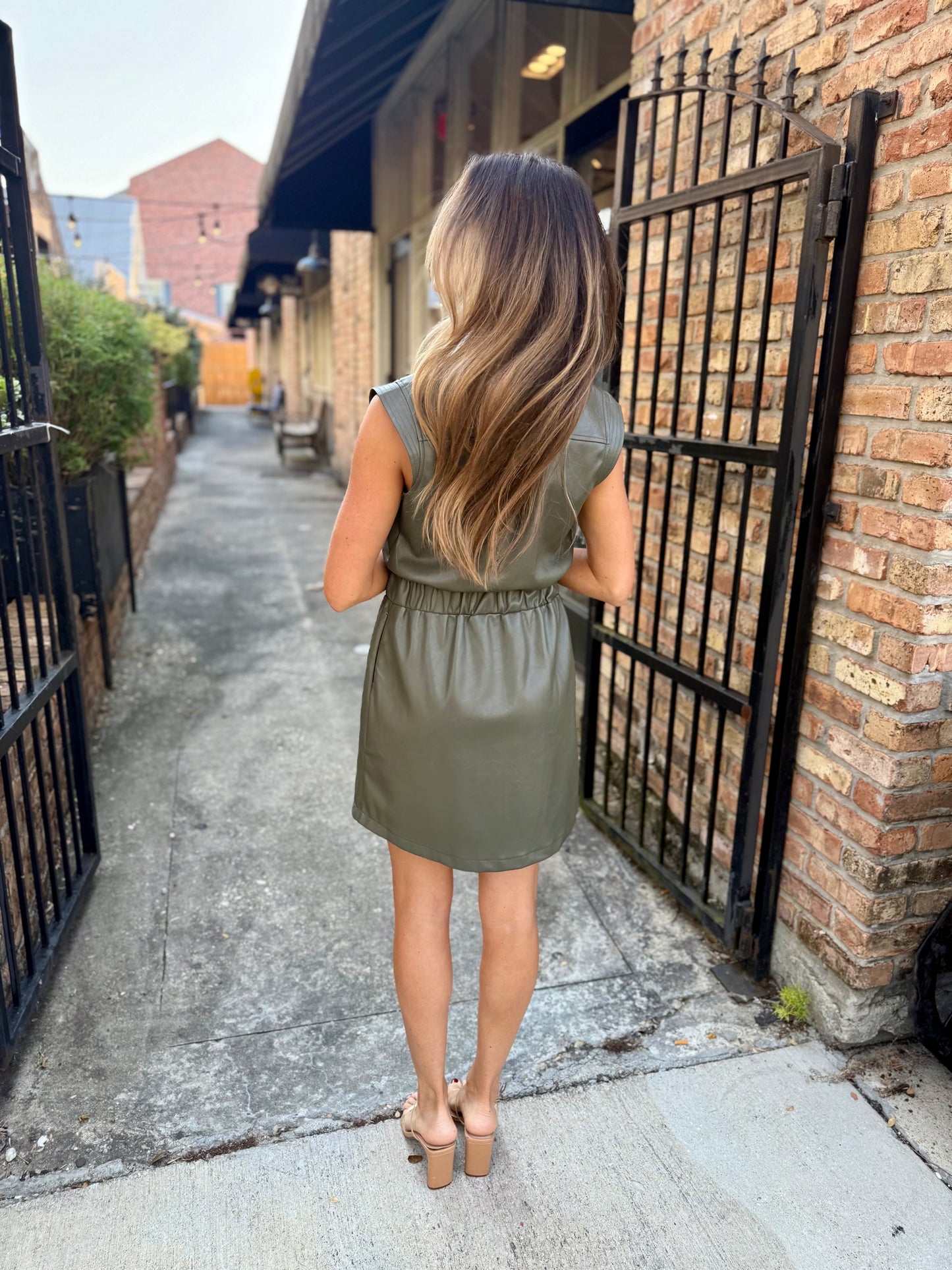 Ellie Faux Leather Mini Dress- Pine