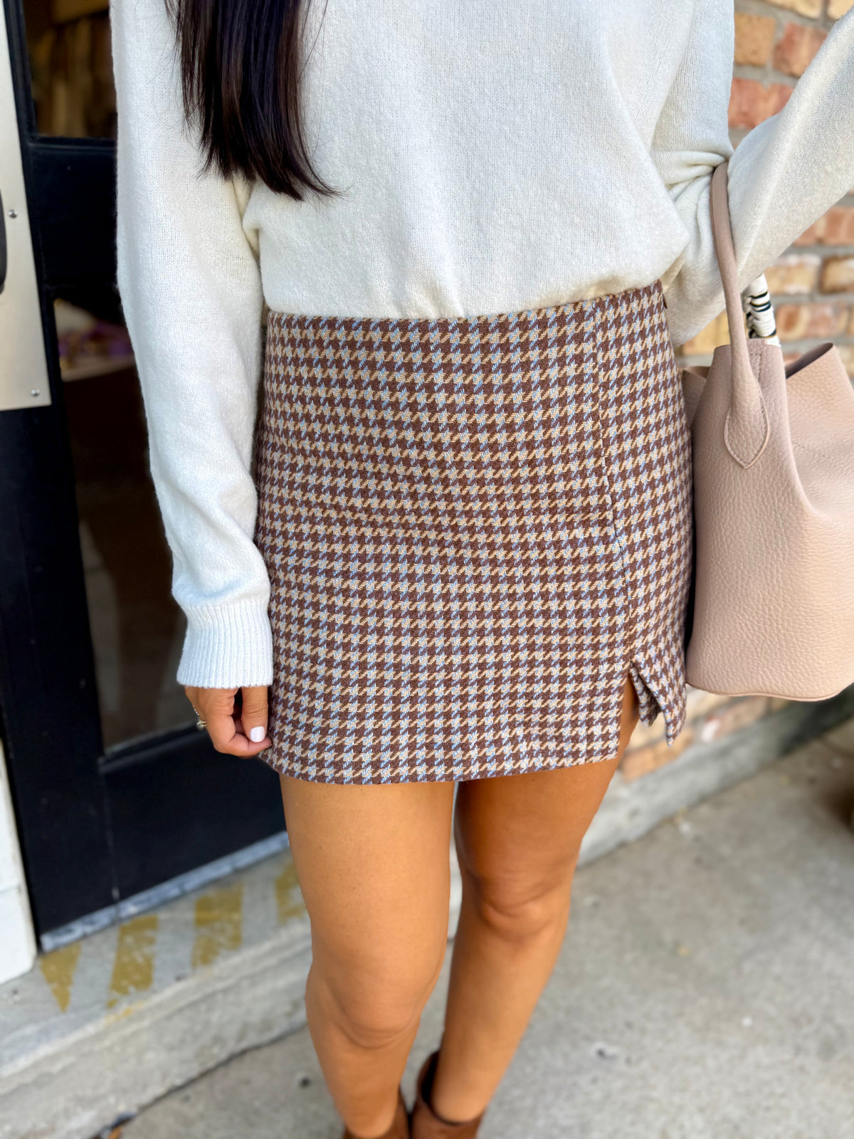 Houndstooth Plaid Mini Skort- Brown/Blue