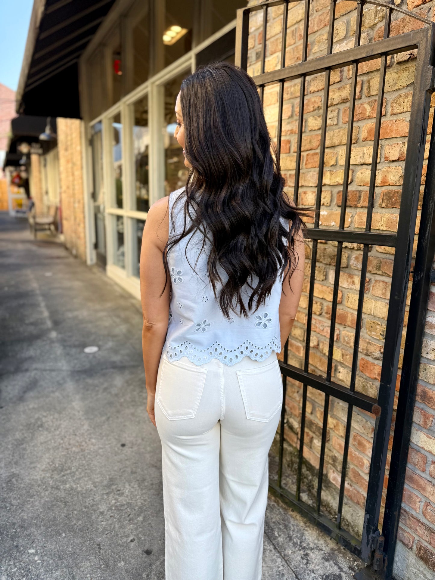 Eyelet Embroidered Crop Tank- Blue