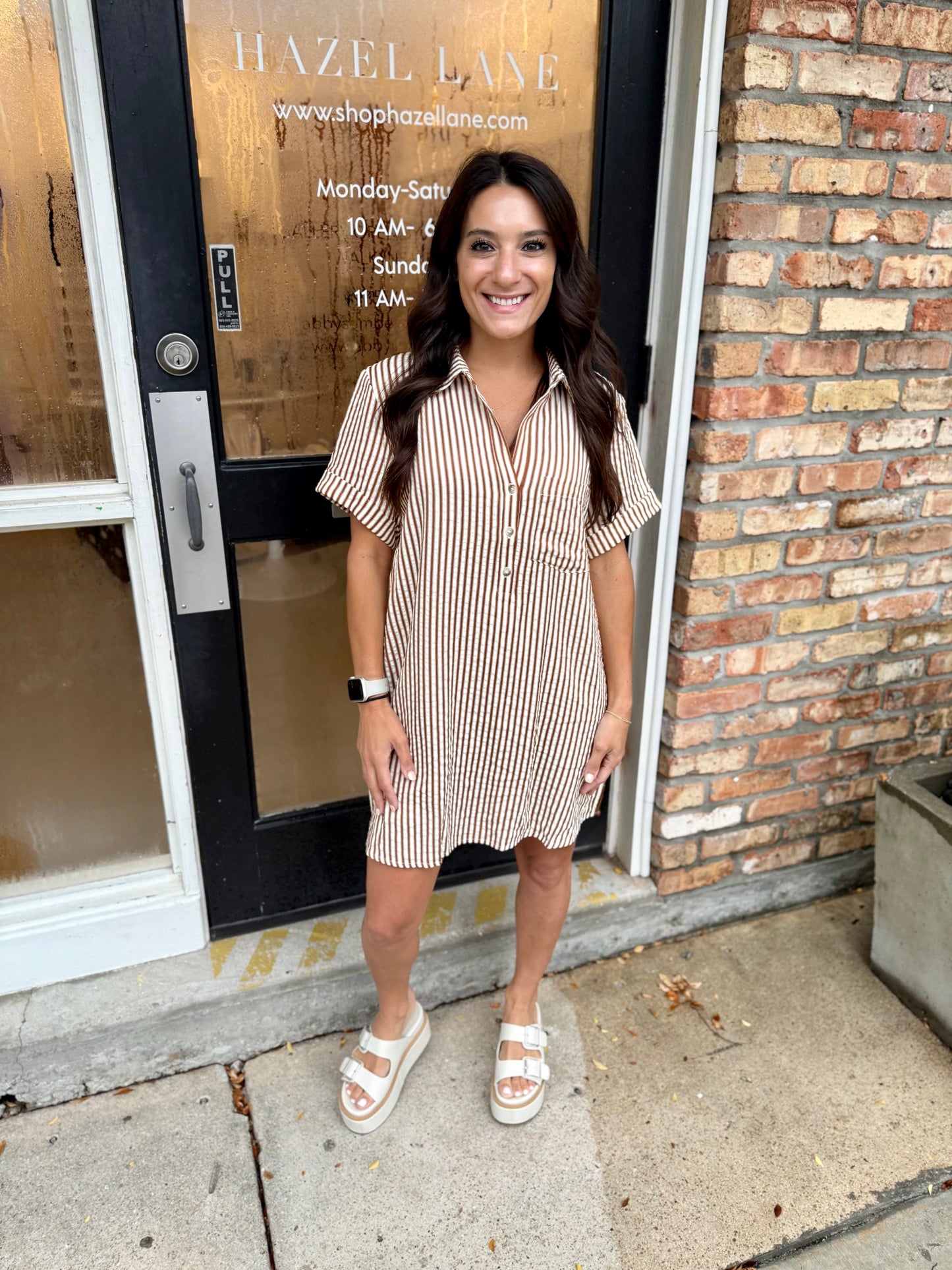 Day Striped Shirt Dress- Brown