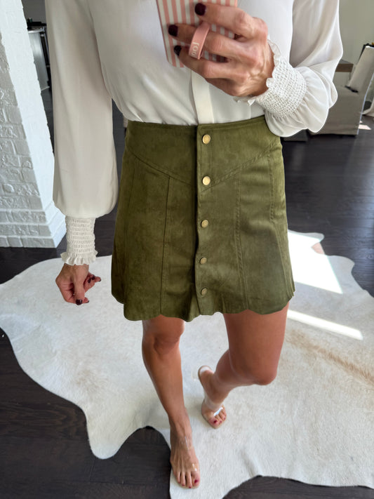 Scalloped Suede Mini Skirt- Olive