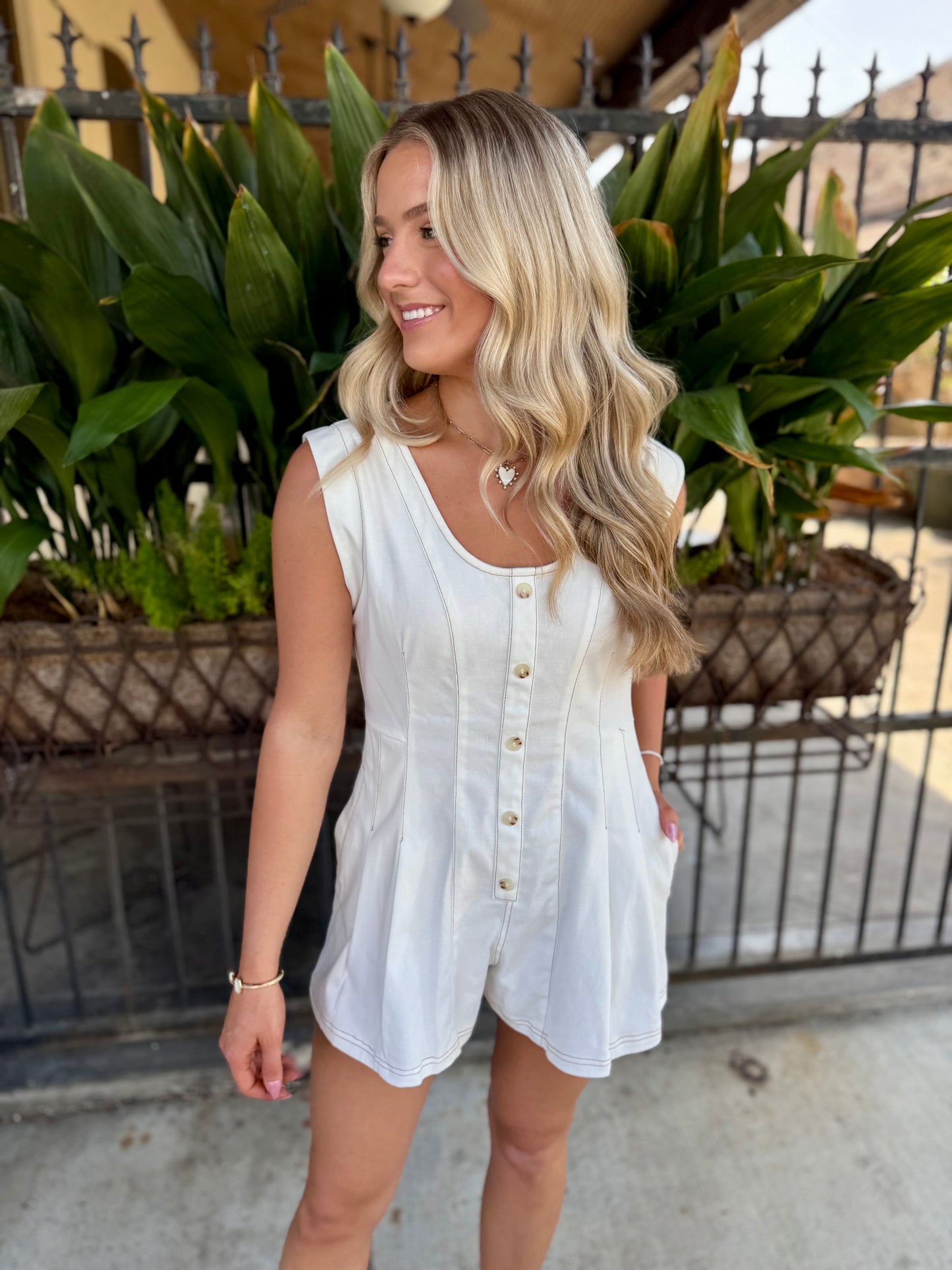 Landon Scoop Neck Romper- Ivory
