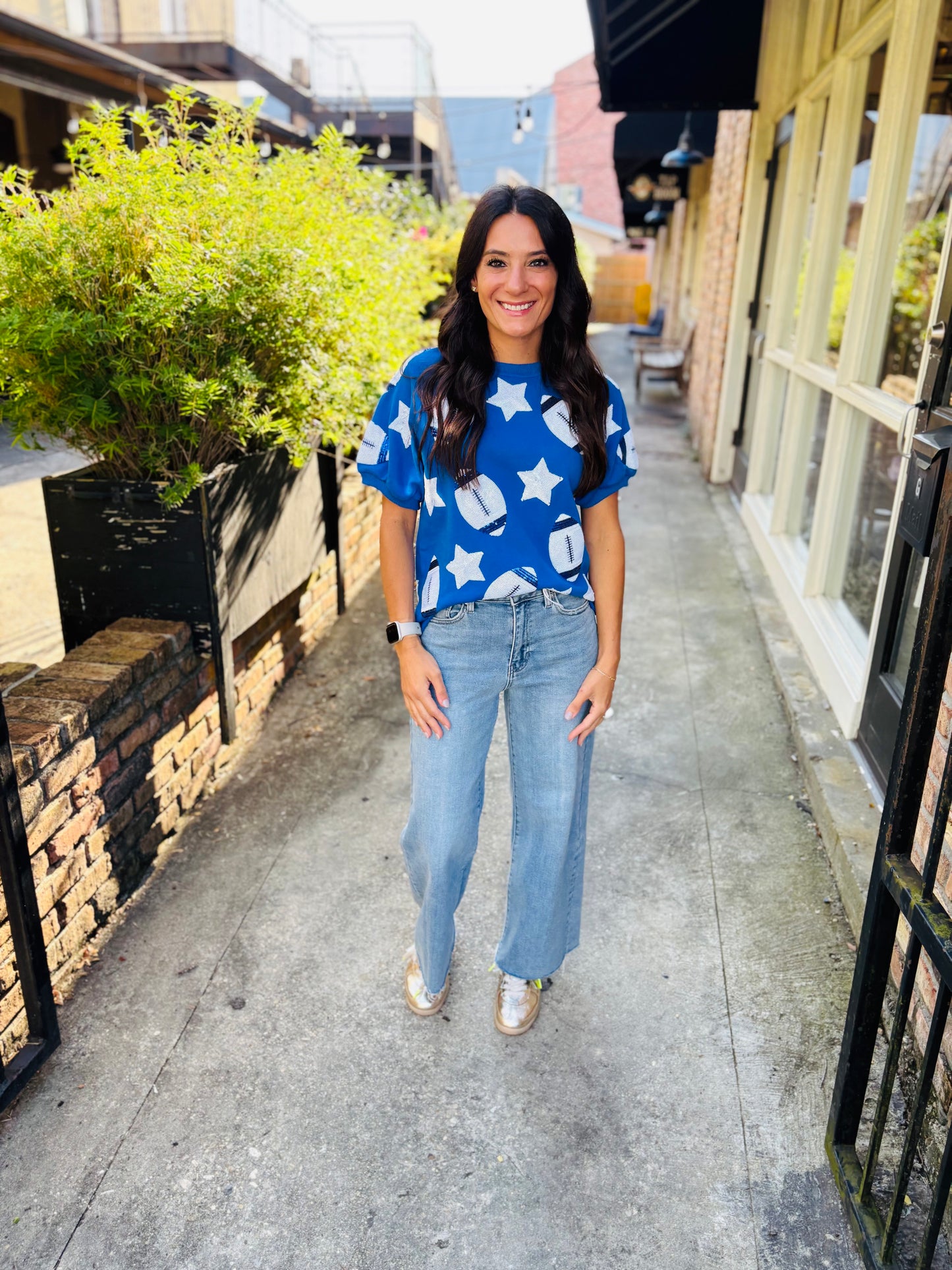 Scattered Football & Stars Top- Royal