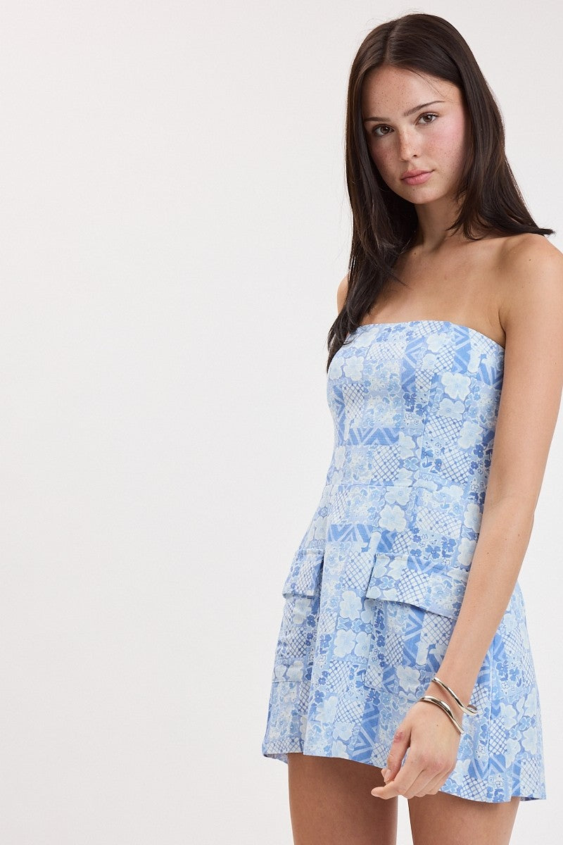 Patched Pattern Tube Mini Dress- Blue