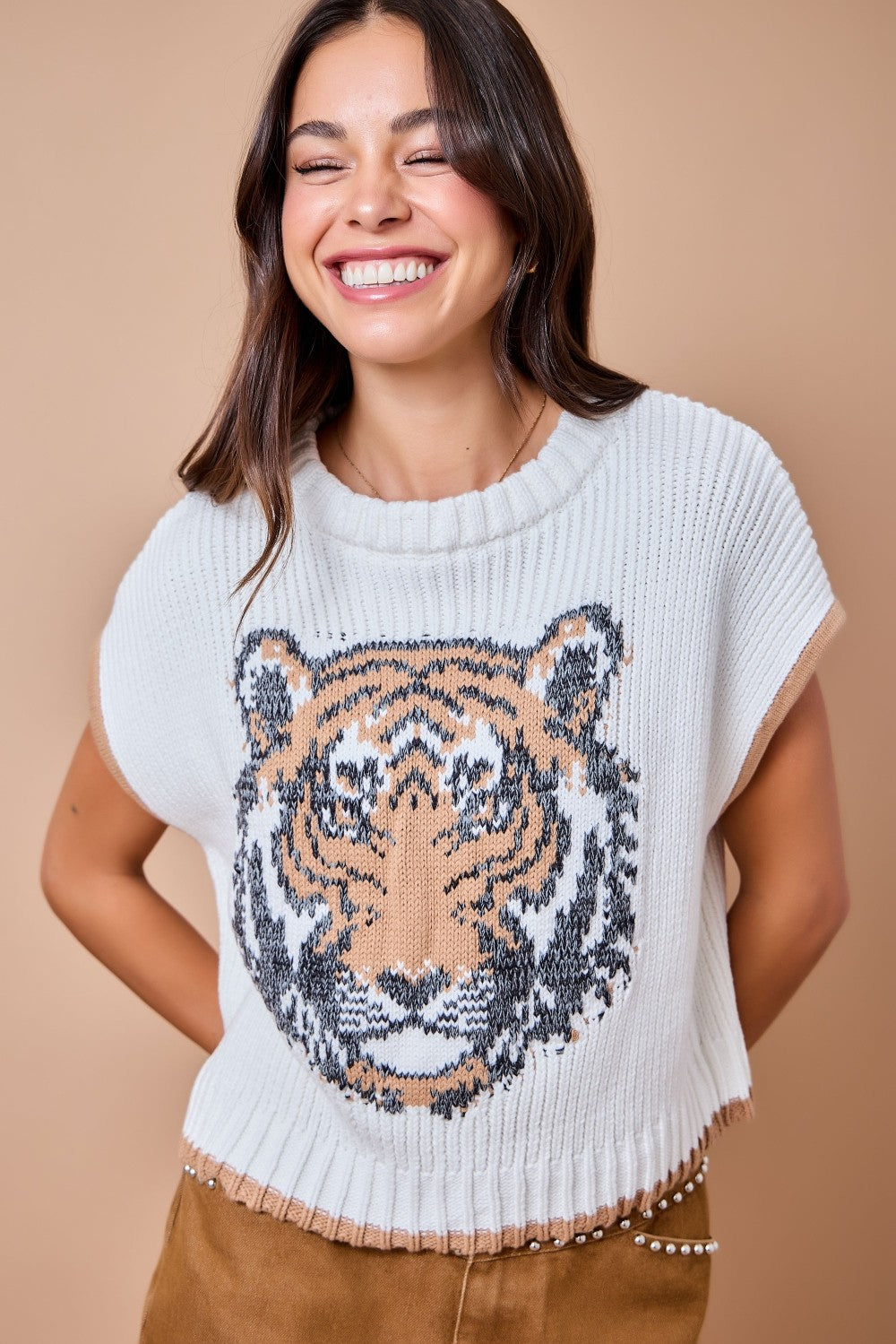Tiger Contrast Sweater Vest- Ivory Brown