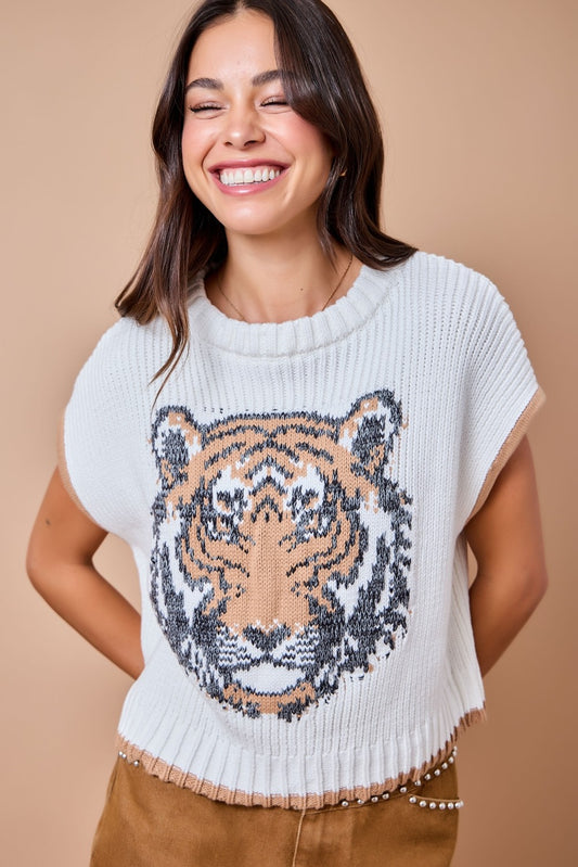 Tiger Contrast Sweater Vest- Ivory Brown