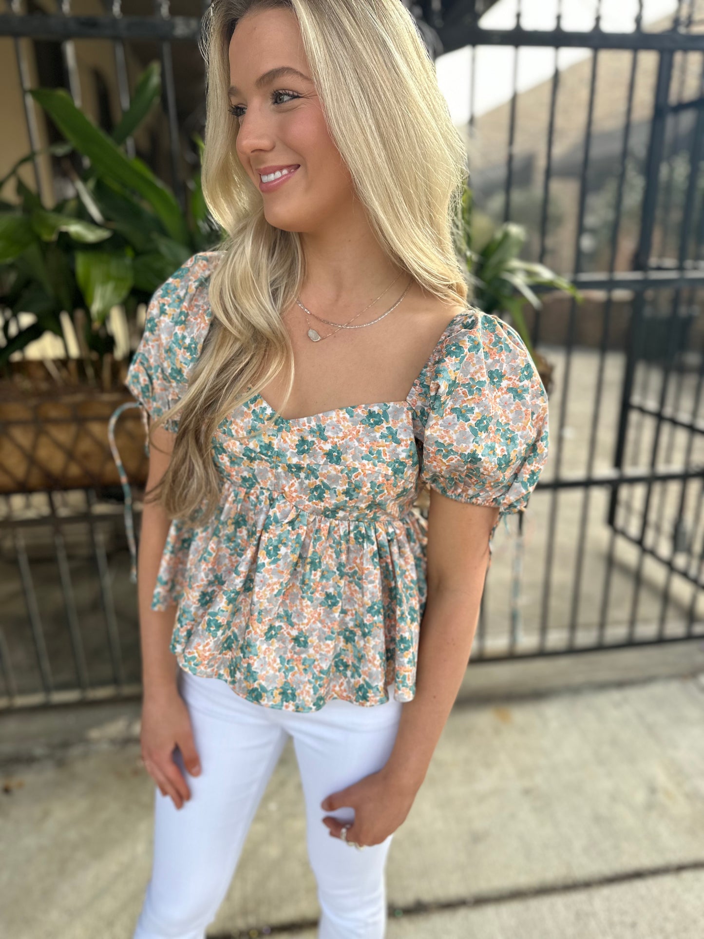 Damien Floral Puff Sleeve Top- Green