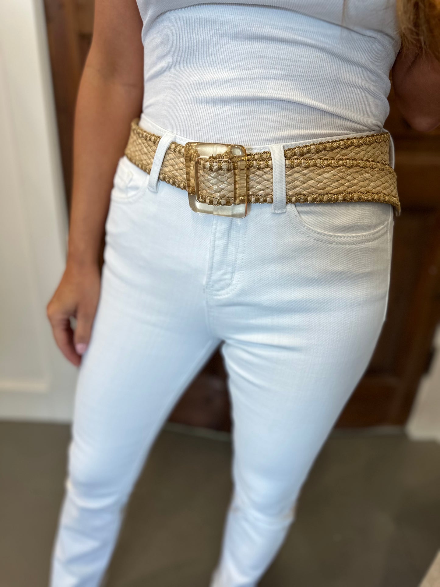 Indy Weave Square Buckle Belt- Ivory