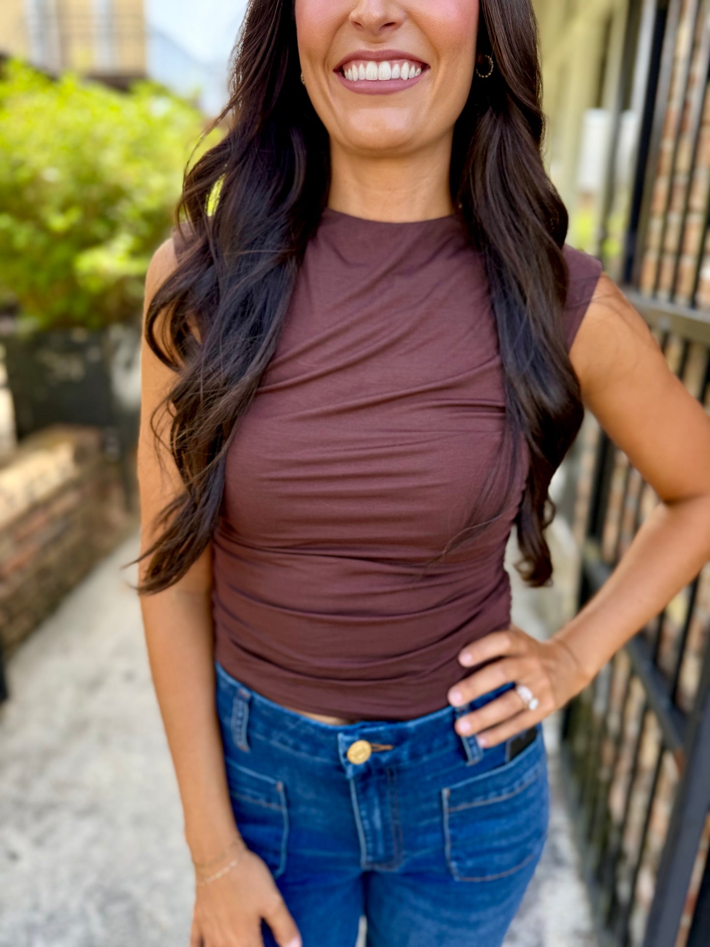 Mimi Ruched Mock Neck Top- Dk Brown
