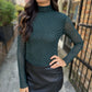 Embellished Mesh Mock Neck Top- Hunter Green