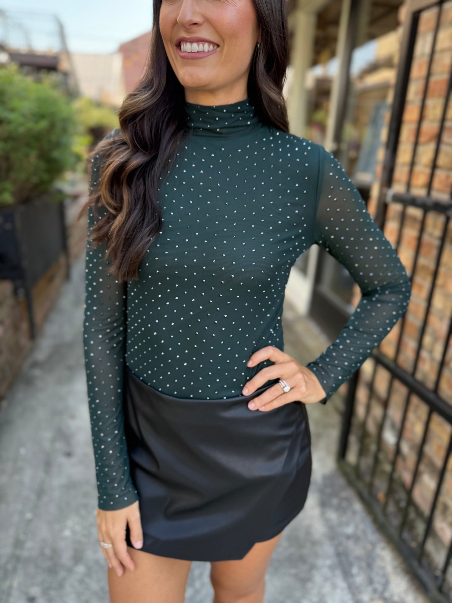 Embellished Mesh Mock Neck Top- Hunter Green