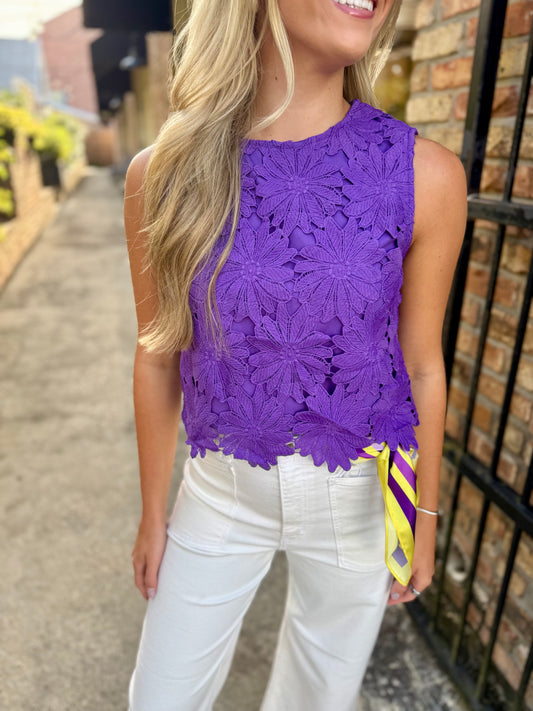 Floral Lace Scalloped Top- Purple